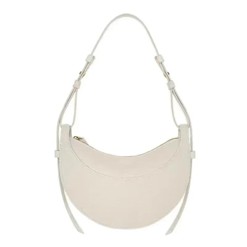 French Fashion Genuine Leather Women's Single Shoulder Crescent Bag with Niche Design, Zipper Convenient and  Practical