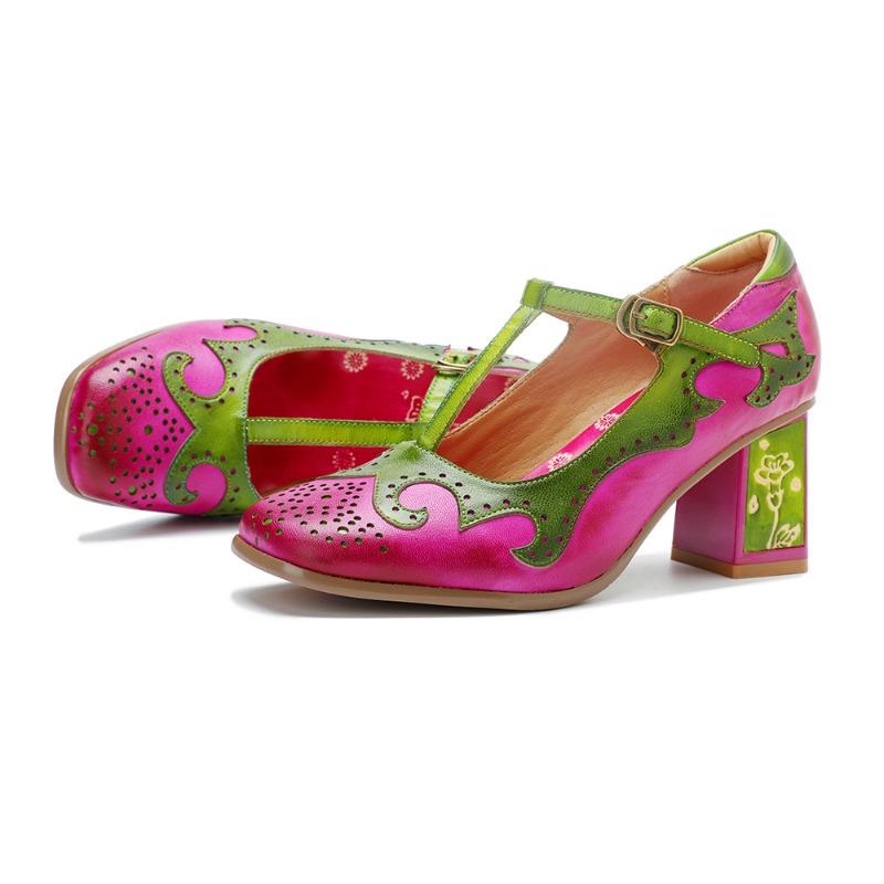 Spring and summer new products women's handmade leather polished retro Mary Jane contrasting color fashion high heels