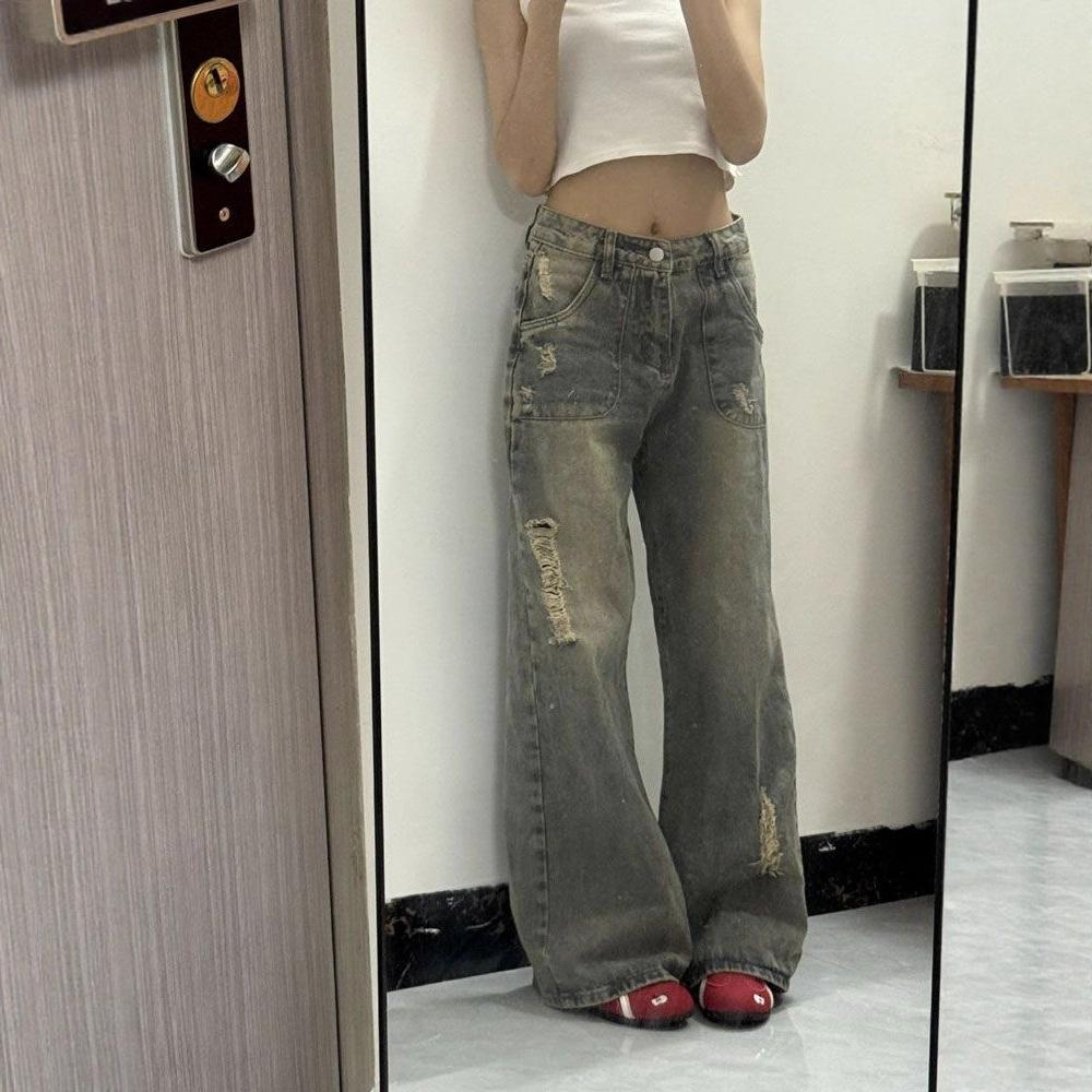 Jeans Women Fall Do Old Retro Big Yards Dragging The Ground Thin Loose Wide-leg Straight Pants Retro Street Style Baggy Long Jeans for Ladies