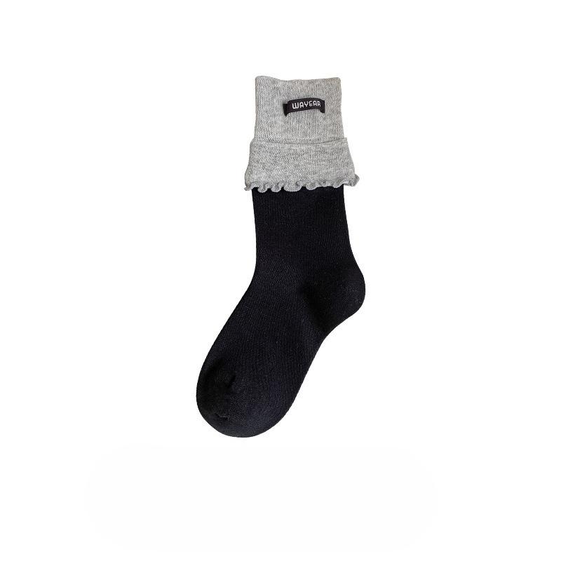 Women's Double-slit Lace Mid-calf Socks, Color-blocked Fabric Label Pile Socks, Four-season Casual Combed Cotton Simple and Trendy Socks