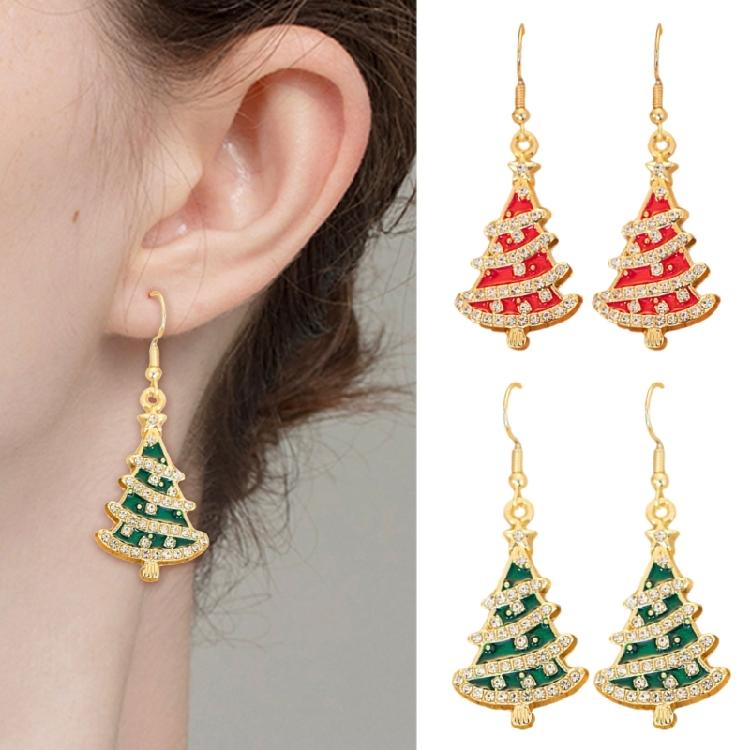 Holiday Rhinestones Christmas Earrings Lightweight Alloy Construction Ear Studs Red/Green Party Jewelry Gift