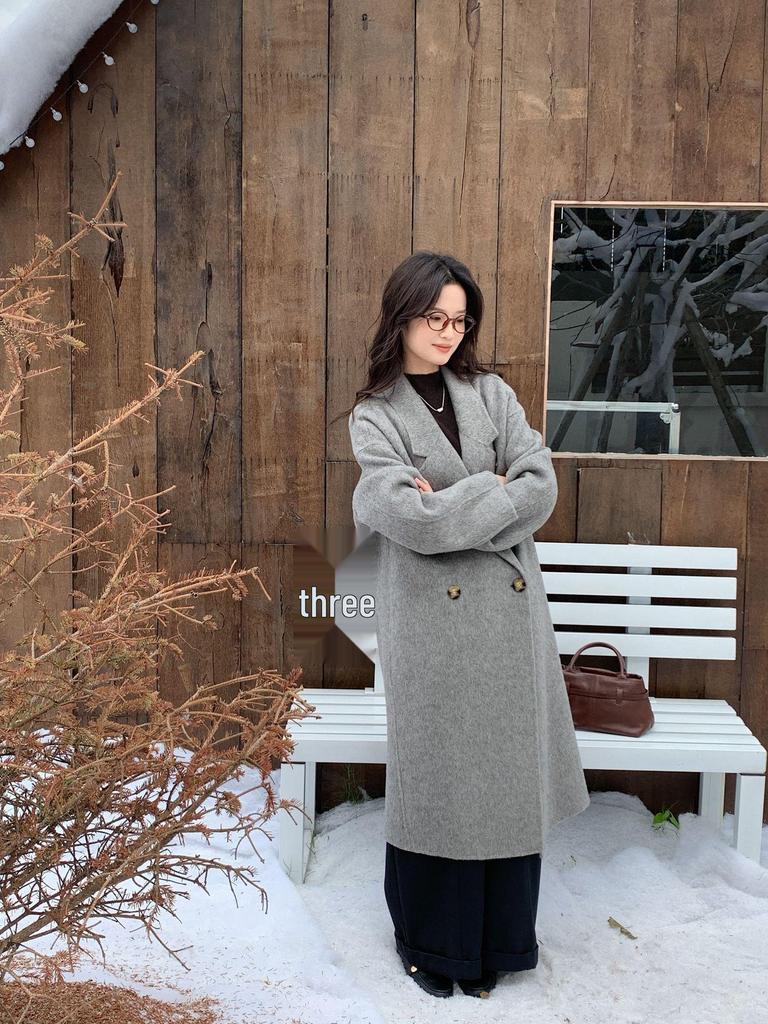 Korean Style Women's Long-Haired Double-Faced Wool Cashmere Cocoon Coat