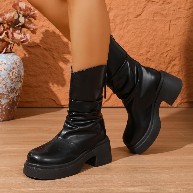 Pleated Platform Mid-leg Boots Autumn Winter New Round Toe Back Zip Non-slip Block Heel Stack Boots