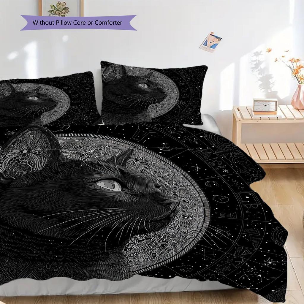 Black Cat Pattern Bedding Quilt Set Quilt Cover Pillowcase Home Decoration Birthday Gift (1 * Duvet Cover + 2 * Pillowcase, Without Core)