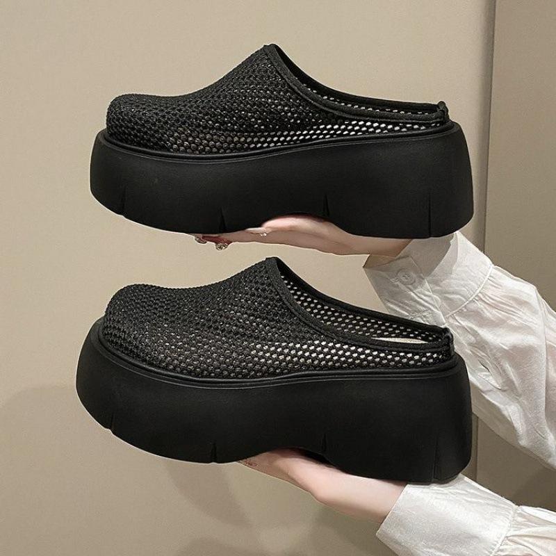 Thick-bottomed bag head half slippers women's 2025 new summer outer wear hollow mesh small height-increasing muffin slippers