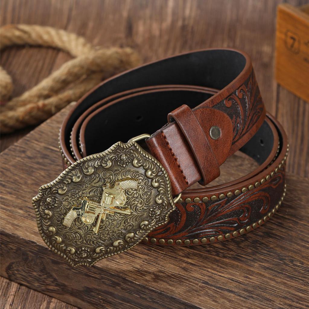 Vintage Western Denimbelte Ku hode Stor plate spenne Denim Gravert Etnisk stil Herre Punk PU lærbelte