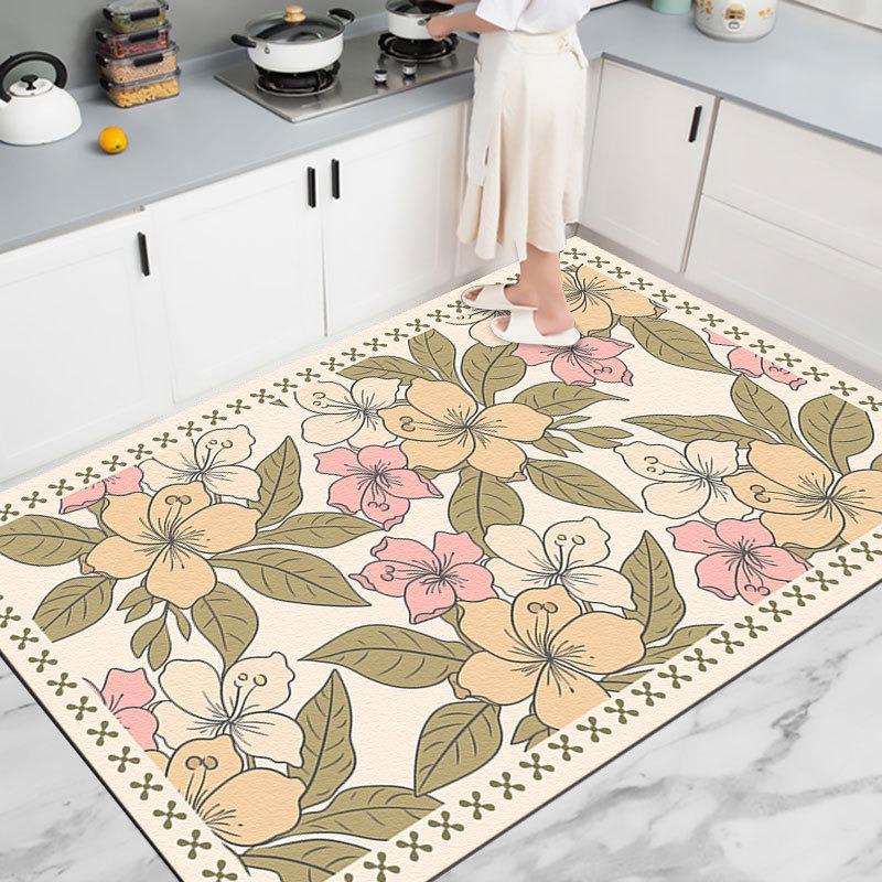 Pink Blossom Kitchen Rug Non Slip Absorbent Mat with Black Text Border Anti Fatigue Floor Pad Sink Area Soft Cushioned Washable