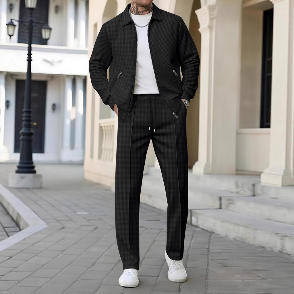 Cardigan da uomo autunnale giovanile con tasca con cerniera e revers, vestibilità slim, giacca da uomo, completo due pezzi