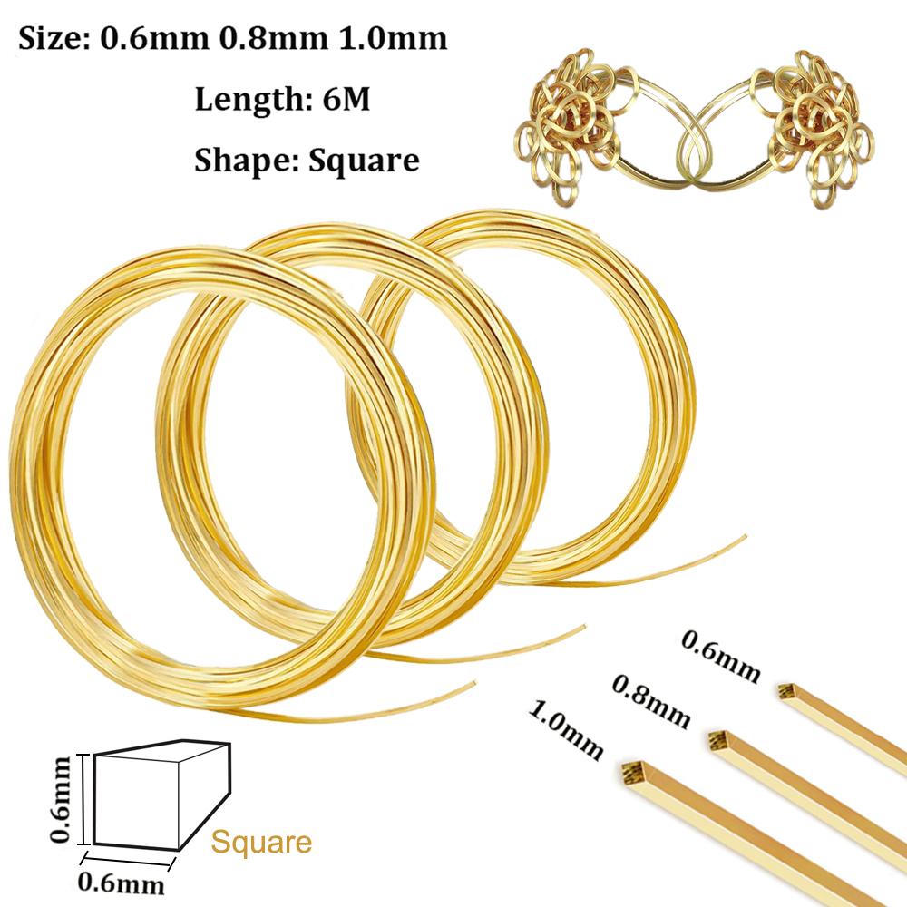 0.6mm,0.8mm,1.0mm 6M Square Copper Wire Half Hard Yellow Brass Wire for Jewelry Beading Craft Work
