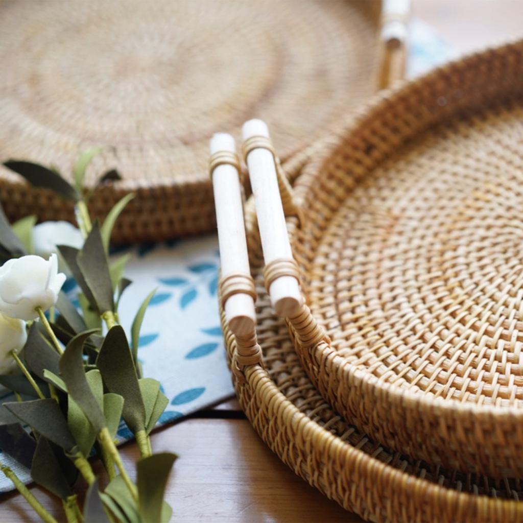 Round Rattan Bread Basket Woven Serving Tray with Handles for Cracker Dinner Parties Coffee