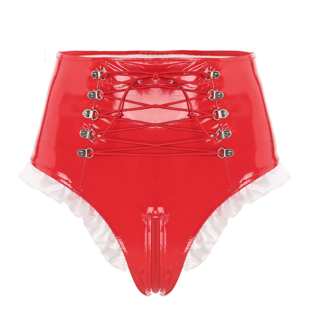 Γυναικείο γυαλιστερό λουστρίνι Frilly Maid Knickers με κορδόνια με φερμουάρ με καβάλο εσώρουχα για παιχνίδι ρόλων για νυχτερινό κέντρο διασκέδασης