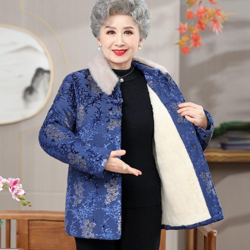 Elderly mother autumn and winter velvet thickened padded jacket grandma wear winter padded jacket female old lady retro Tang suit