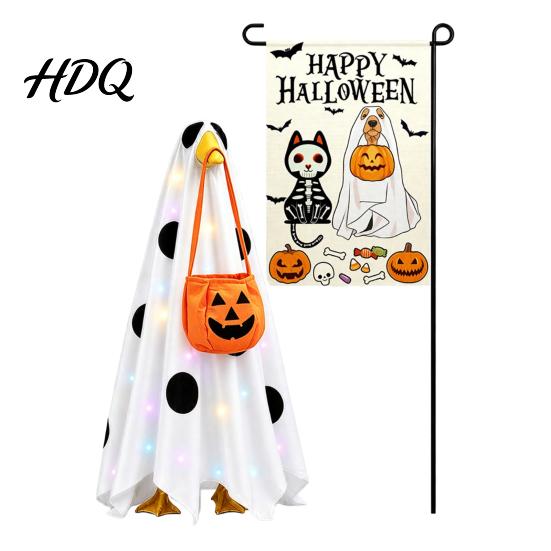 Unique Halloween Gift Lighted Ghost Porch Goose Outfit And Flag Set for 23 Inch Statue Spooky Cute Seasonal Decor Clothes with Pumpkin Bucket Outdoor
