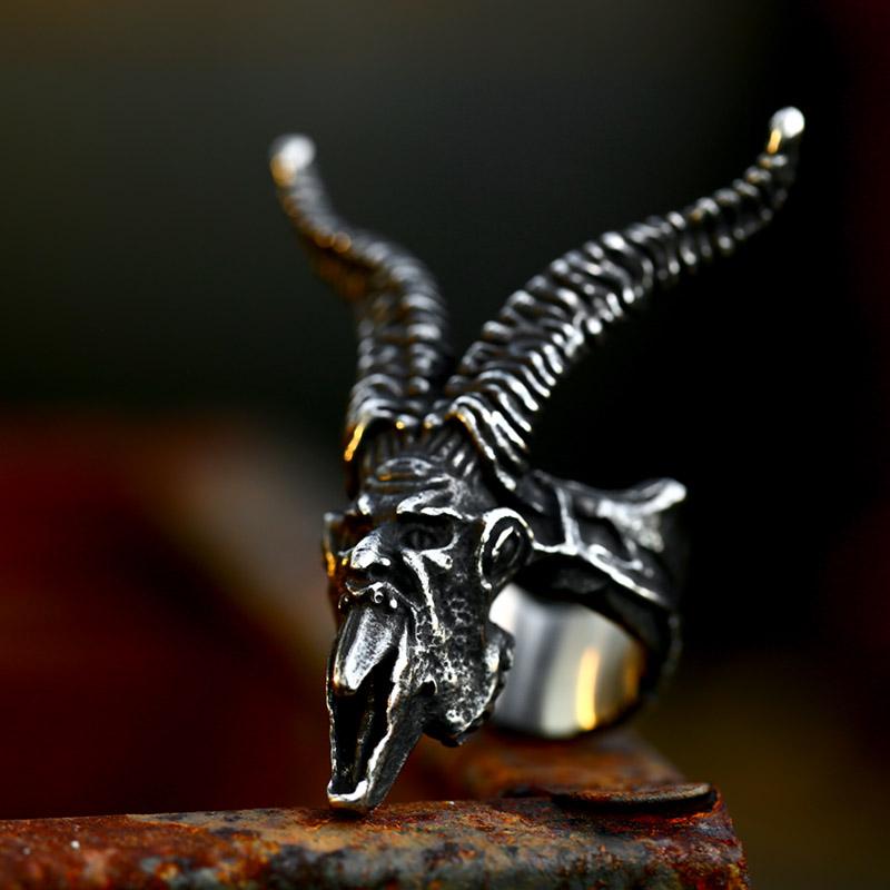 BEIER 2024 Neuer Einzigartiger Design Edelstahl Totenkopf Satan Widderhörner Ring Dämon Schwer Hohe Qualität Gothic Punk Schmuck Großhandel
