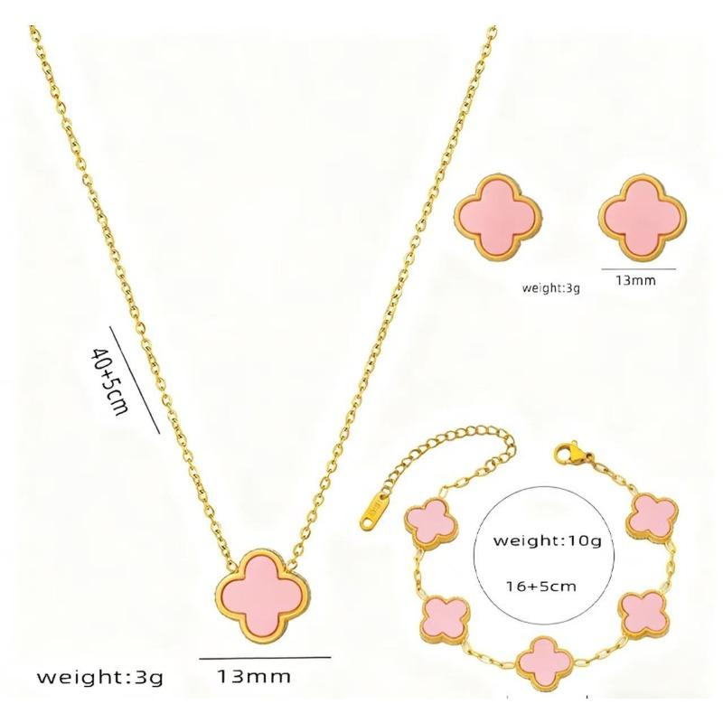 4PCS 13MM Double-Sided Smooth Mother-of-Pearl Four-Leaf Clover Set, Necklace, Bracelet, Earrings And Ring Set, Versatile Jewelry for Women
