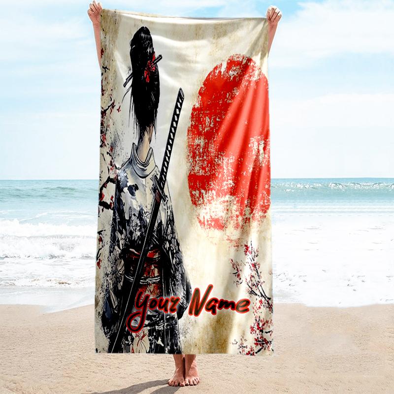 1PC Custom Name Japanese Warrior Art Beach Towel Highly Absorbent And Sand-Resistant Towel for Swimming, Pool, Yoga, And Travel Lightweight
