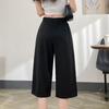 Summer Ice Silk Casual Pants Elastic Waist Pockets Cropped Pants Solid Color Wide Leg
