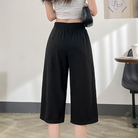 Summer Ice Silk Casual Pants Elastic Waist Pockets Cropped Pants Solid Color Wide Leg