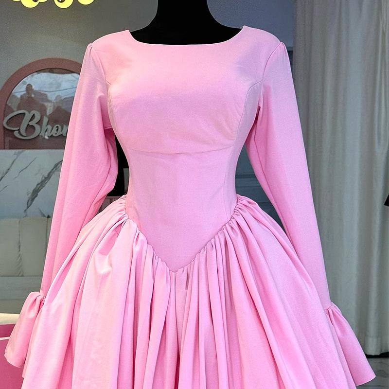 2025 Spring Elegant A-Line Dress: Women's High Waist, Long Sleeve Round Neck with Tie Detail