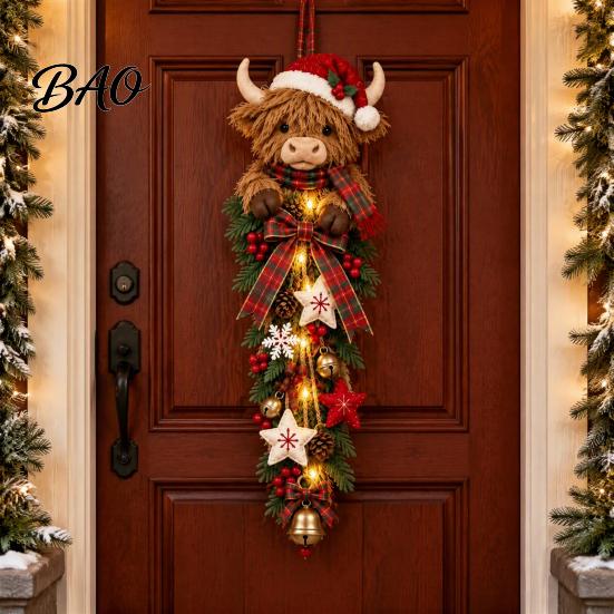Holiday Plaid Ribbon Door Sign Lighted Highland Cow Christmas Swag, LED Hanging Decor with Decorative And Berries, Farmhouse for Front Entryway
