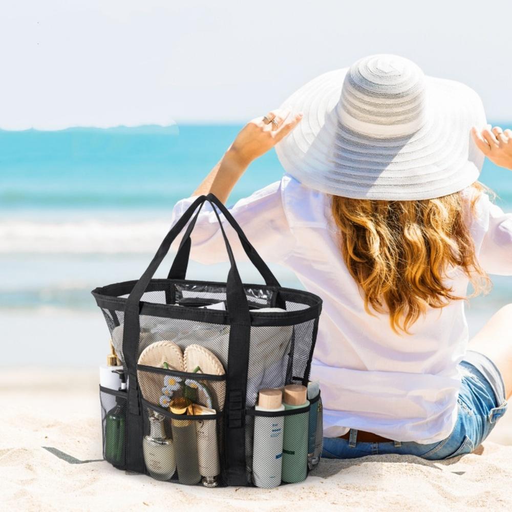 Borsa da Spiaggia Multifunzione in Rete Borsa Tote Portatile per Cosmetici con 9 Tasche Borsa da Viaggio per Asciugamano Articoli da Toeletta Organizzatore
