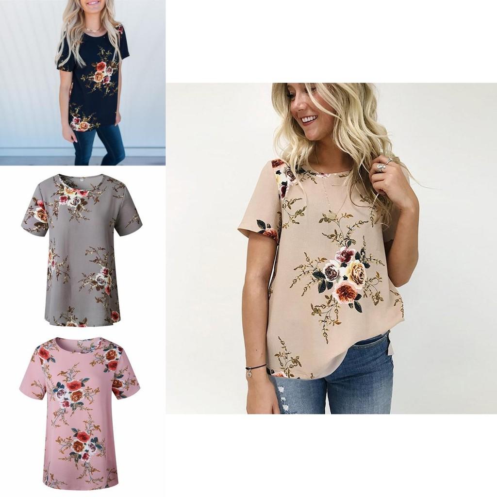 Elegant Summer Women Blouse Floral Print Short Sleeve Loose Casual T-shirt Tops