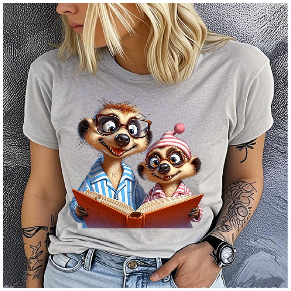 100% Polyester Cartoon Aye-aye Elephant Print T-Shirt Casual Tee for Daily Outdoor Summer Travel Family Gatherings And Holidays S