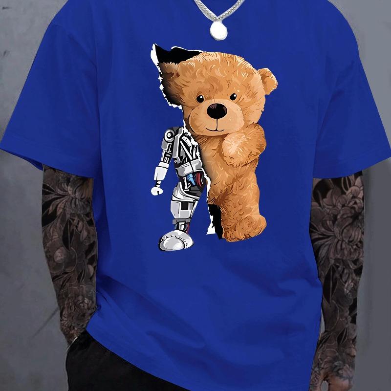 Men's 100% Pure Cotton Summer Loose Oversized Casual Mechanical Bear Pattern Printed Sports Round Neck Short Sleeved T-shirt Top