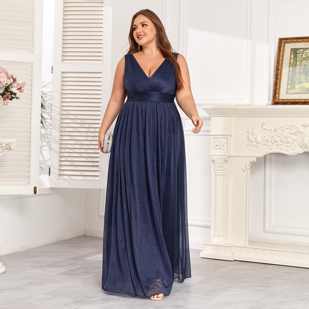 

2026 Sparkling Chiffon Sleeve Double V-Neck A-Line Bridesmaid Dress with Side Slit S темно-синий