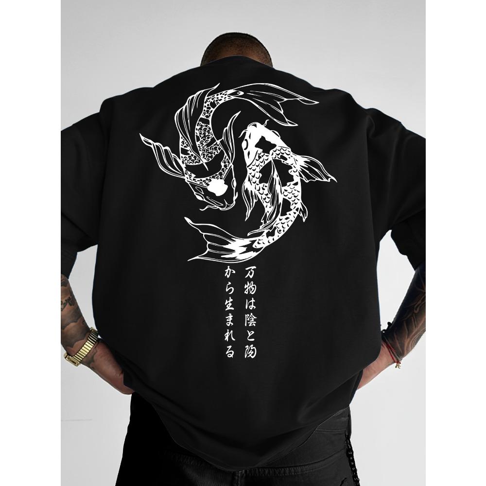Men Loose Summer T-shirt Geometric Fish Pattern Print Street Style 100% Cotton Fabric Versatile Casual Top