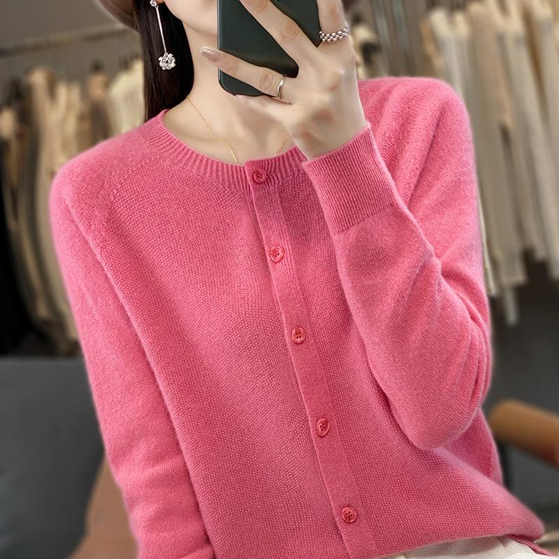 

Новый осенне-зимний кардиган с круглым вырезом для женщин, топ с длинным рукавом, базовый слой, верхняя одежда, модный и универсальный вязаный свитер XXL роза розовый