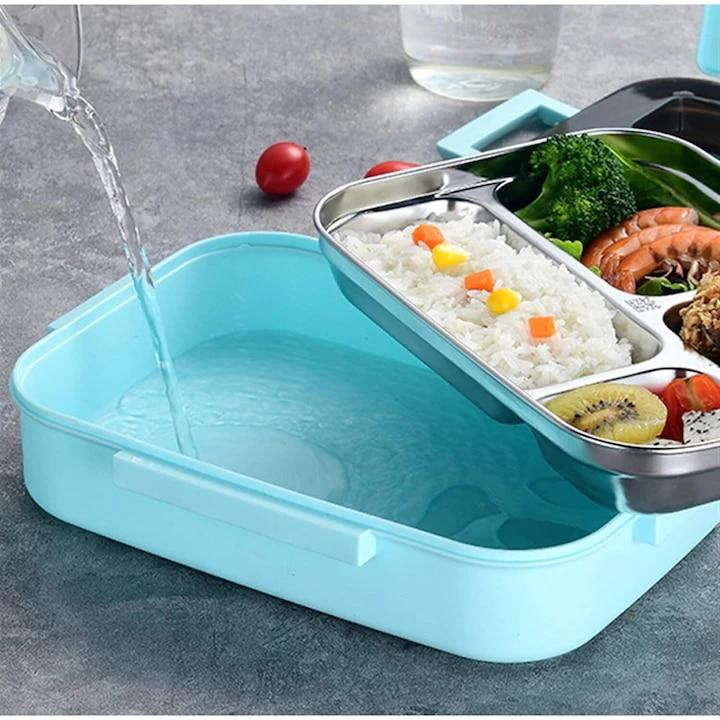Lunch Box 4 Compartments with Utensils and Soup Bowl, 27.5x20.5cm, Blue, Perfect for School and Office