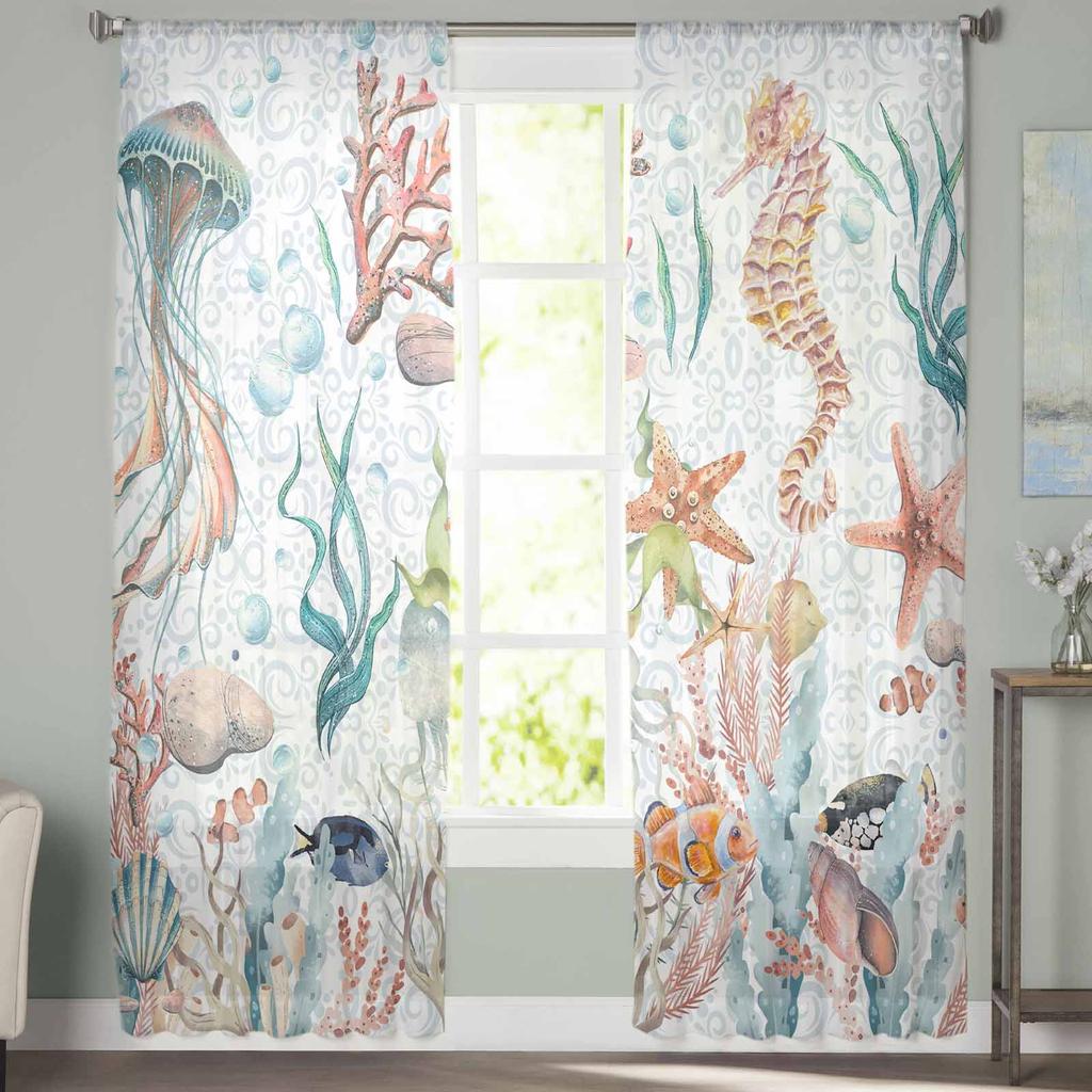 Summer Watercolor Ocean Navigation Voile Sheer Curtains Living Room Window Tulle Curtain Kitchen Bedroom Drapes Home Decor