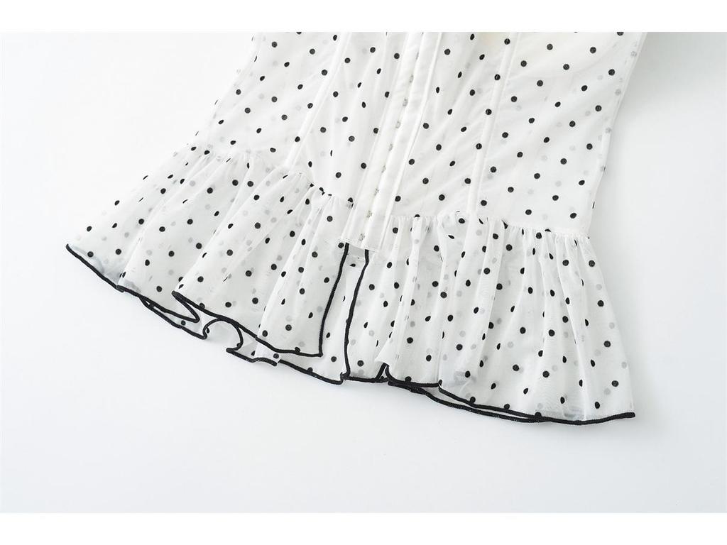 Korean Elegant Polka Dot Ruffle Camisole, Slim Fit with Chest Pads, Waist-Cinched, Flattering Lace Top for Women