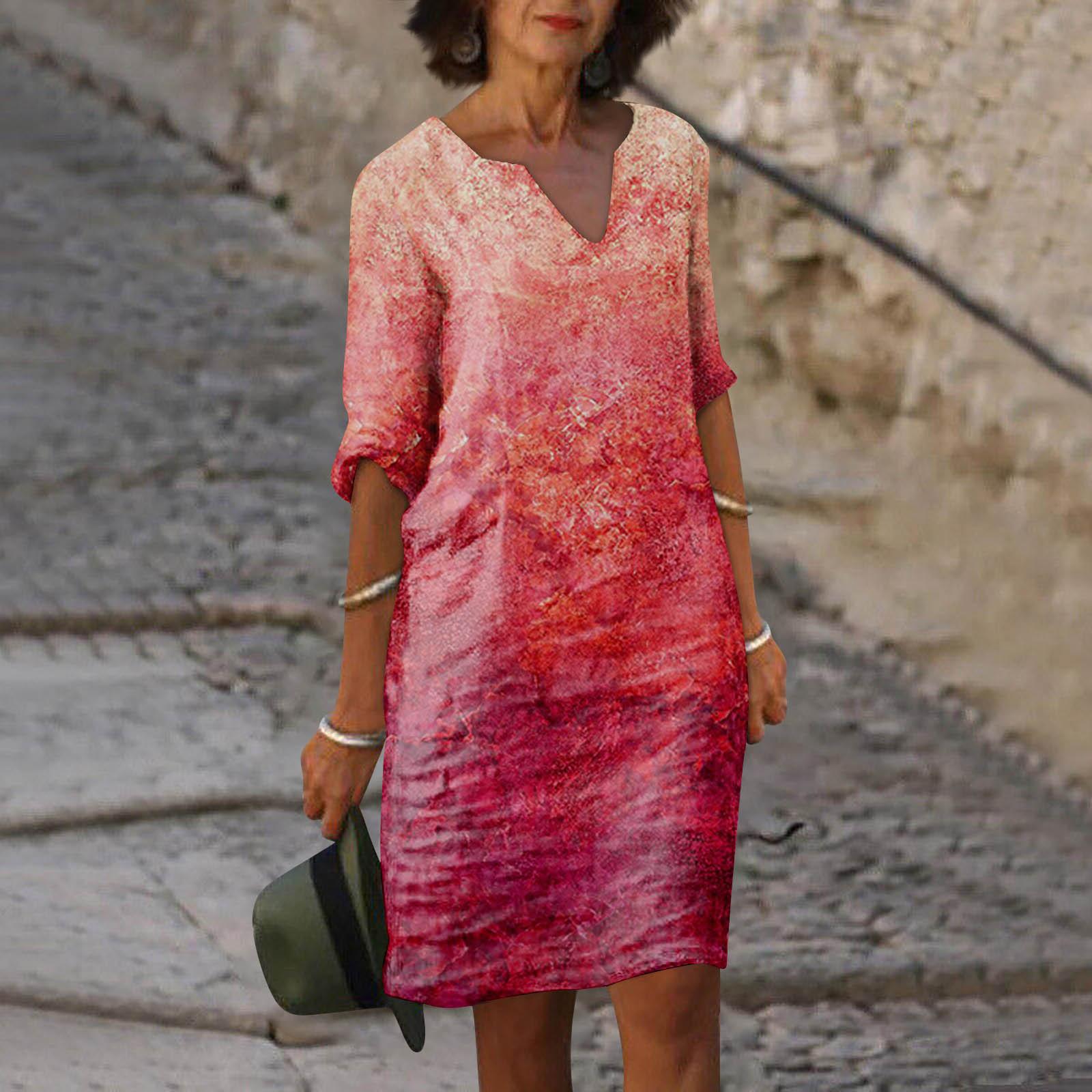 Летнее женское повседневное платье с v-образным вырезом и принтом до половины рукава — фото 9