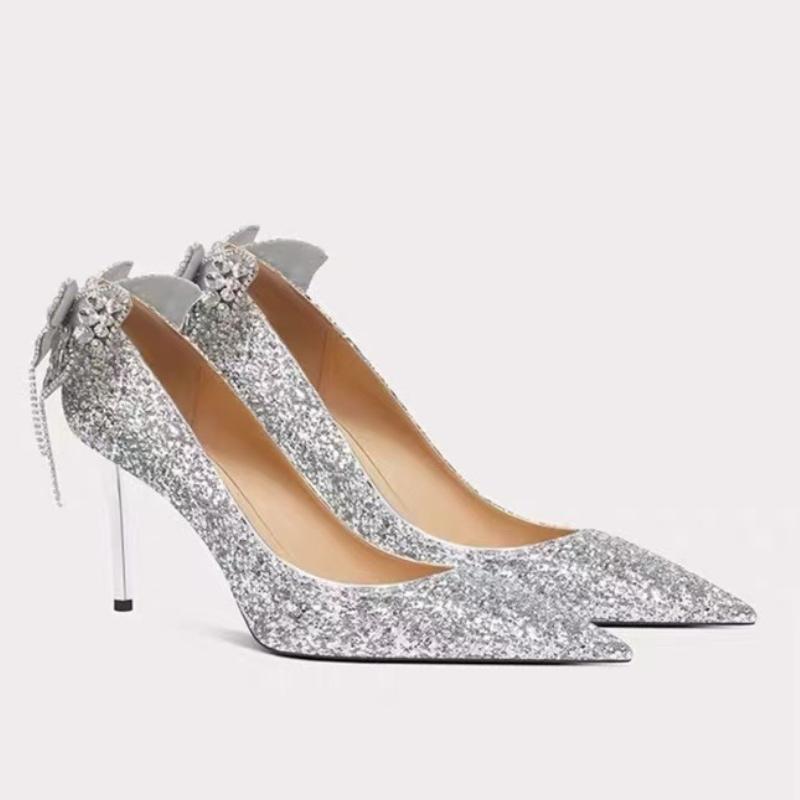 2025 Nové špičaté křišťálové motýlkové vysoké podpatky pro družičky, zásnubní boty, štíhlé podpatky, neunavující lodičky