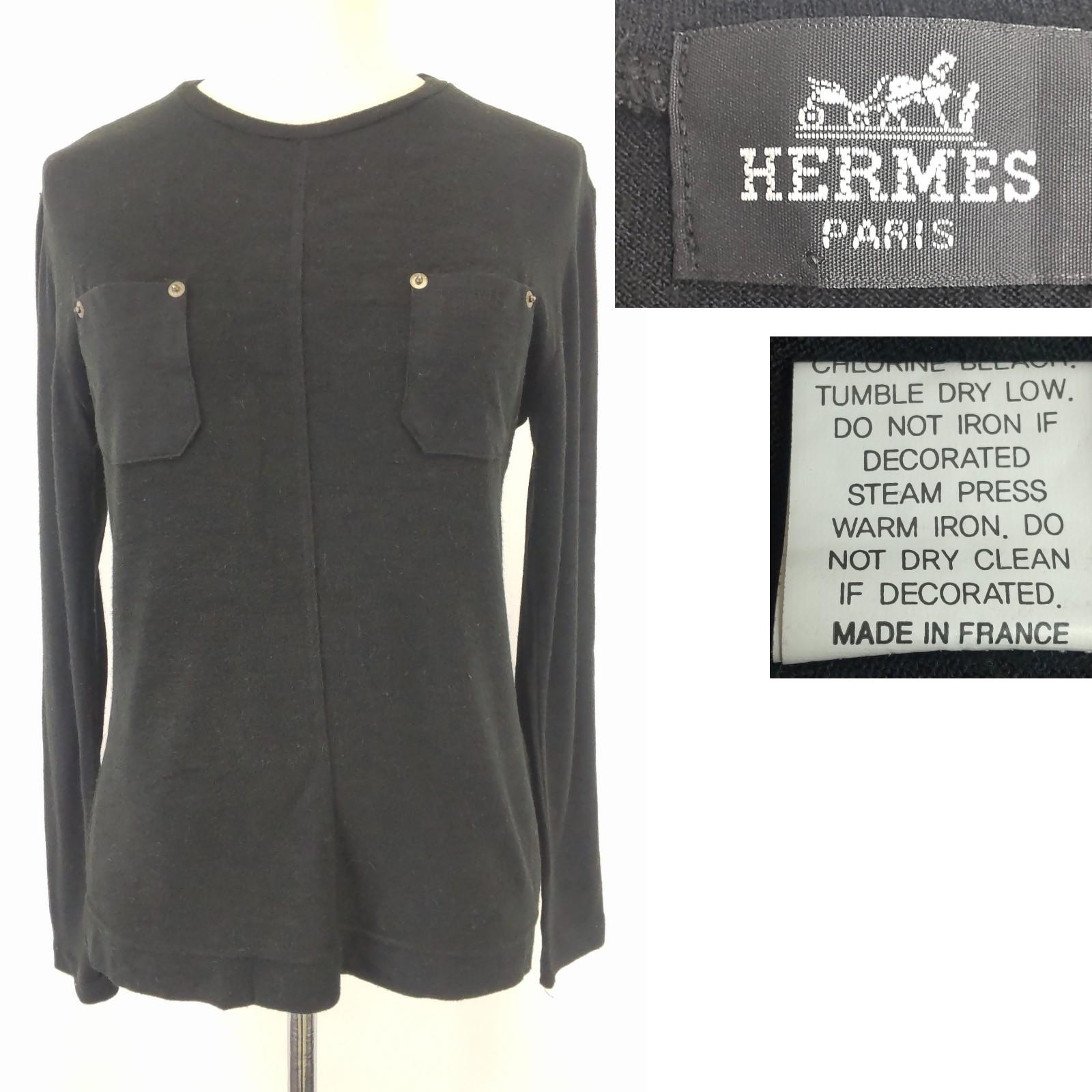 

Excellent Condition HERMES Knit Double Pocket Long Sleeve T-Shirt L Women Black France Made(USED)