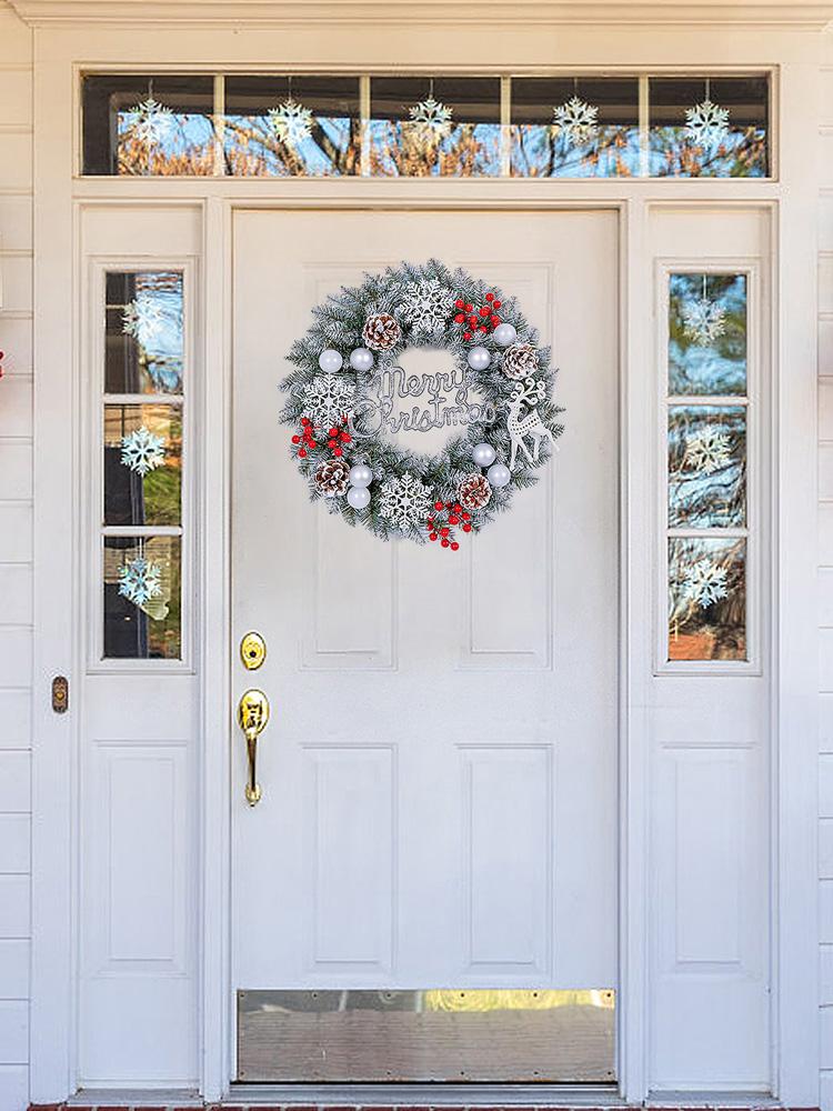 Xmas Wreath for Front Door 15.7 Inch Snow Flocked Artificial Xmas Wreath with Red Berries and Pine Cones for Winter