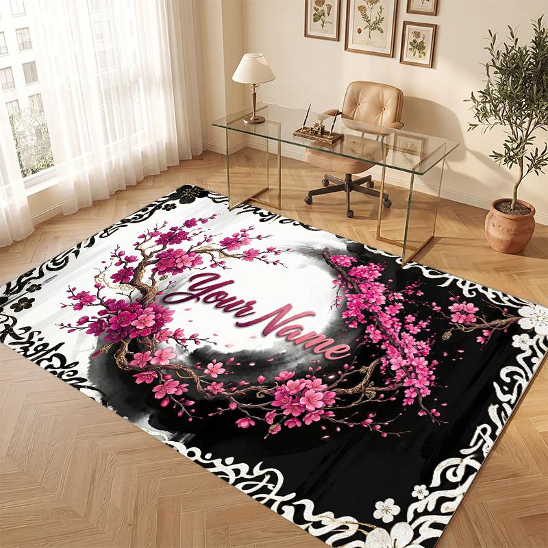 Floral Garden Theme Soft Crystal Velvet Rug Custom Name & Text Print Non Slip Floor Rug for Bedroom Living Room