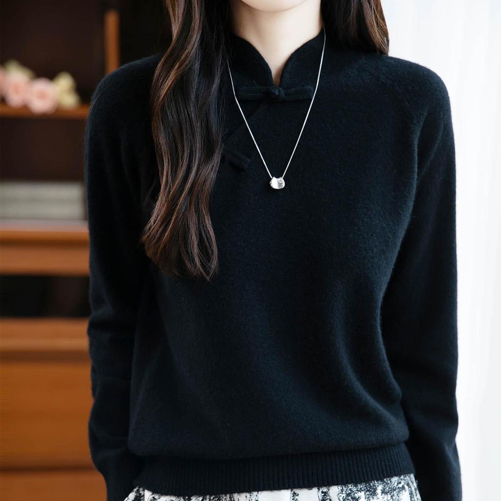 100% Australian Wool Retro Chinese Style Frog Button Sweater - Women's Thick Wool Base Layer for Autumn/Winter 2025.
