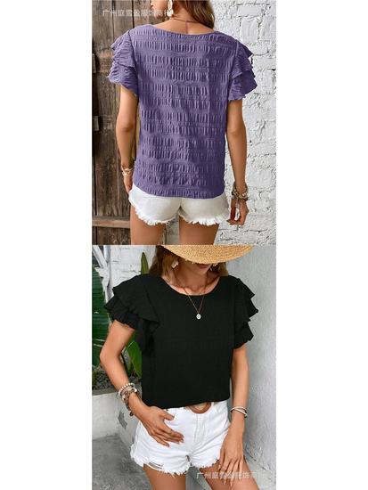 Women's Summer Double-layer Ruffled Sleeve Round Neck Pullover T-shirt
