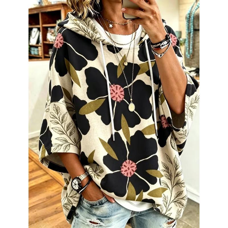 Women Three‑Quarter Sleeves Loose Hoodie Retro Floral Casual Vacation Top