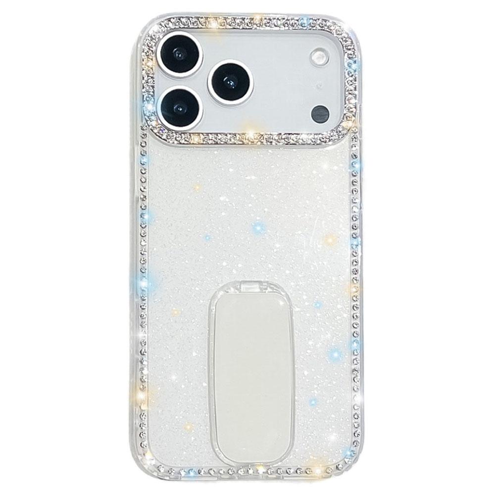 

For iPhone 17 Pro Max Case with Straight Mirror Kickstand Rhinestone Edge TPU + PC IMD Phone Cover D