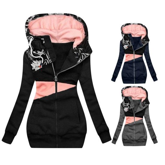 Kadın Kapüşonlu Sweatshirt Kontrast Renkli Patchwork Sonbahar Kış Sıcak Cepli Günlük Giyim İçin