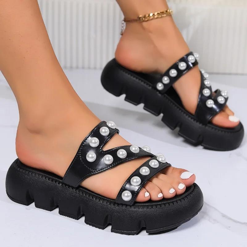 Fashion 2025 Summer New Women’s Platform Sandals Outdoor Pearl Round Toe Flat with Solid Slippers for Beach Casual Slippers ZapatosMujer