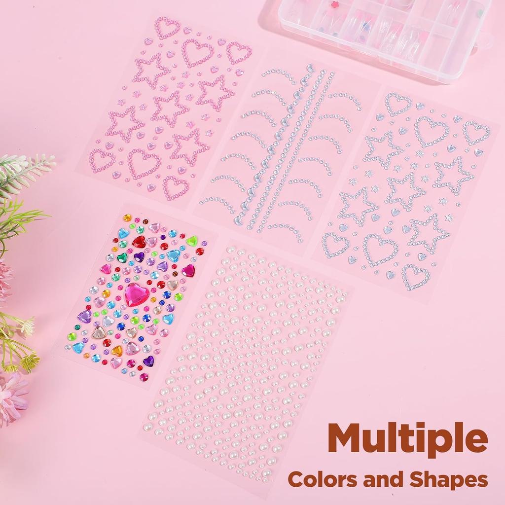 5 PCS Self Adhesive Face Gems Rhinestones Pearl Stickers Face Gems Heart Star Moon Shape Jewels Rhinestone Stickers Hair Accessories for Faces Eye