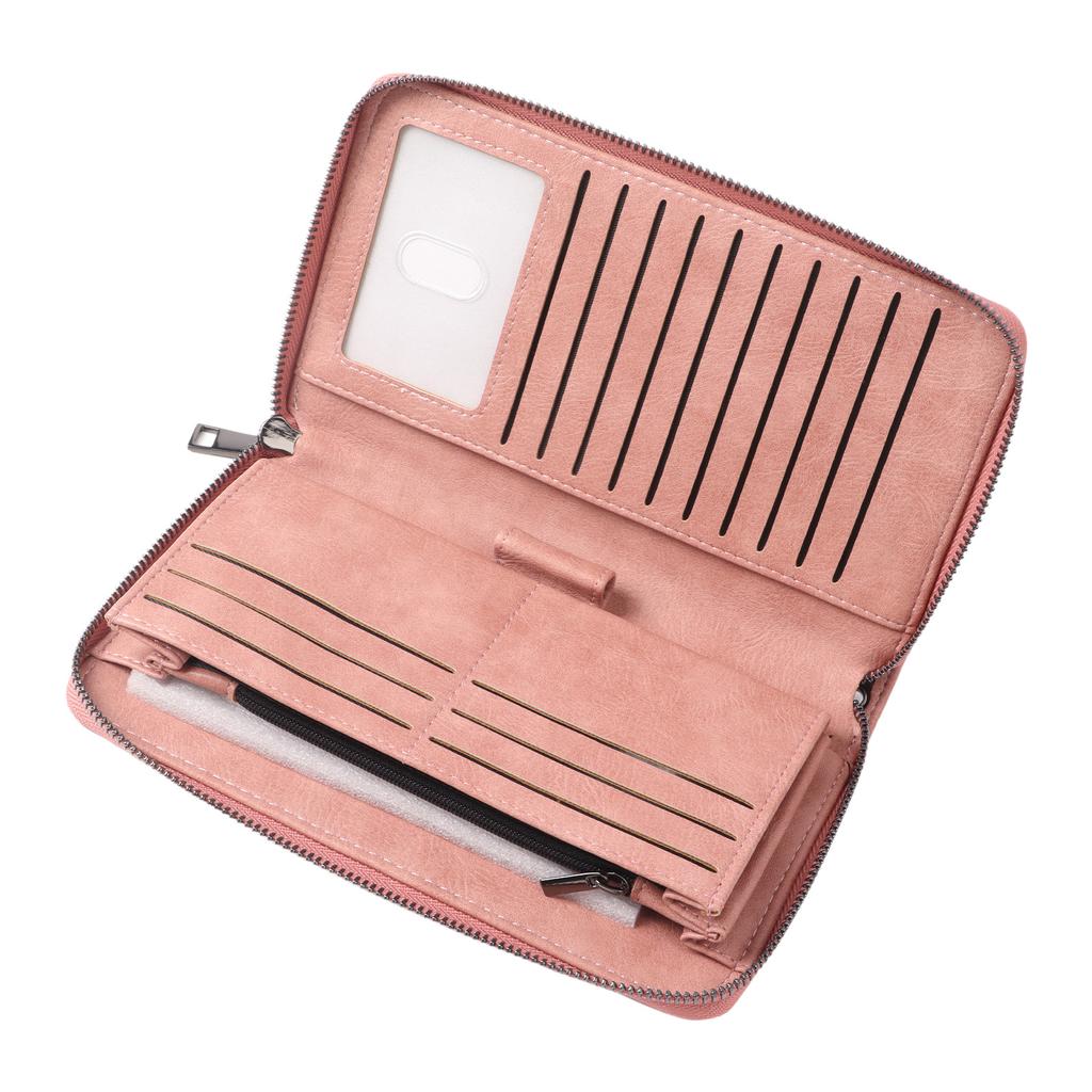 Long Women Wallet NFC RFID Blocking Purse PU Leather Credit Card Holder with Carrying Strap Pink