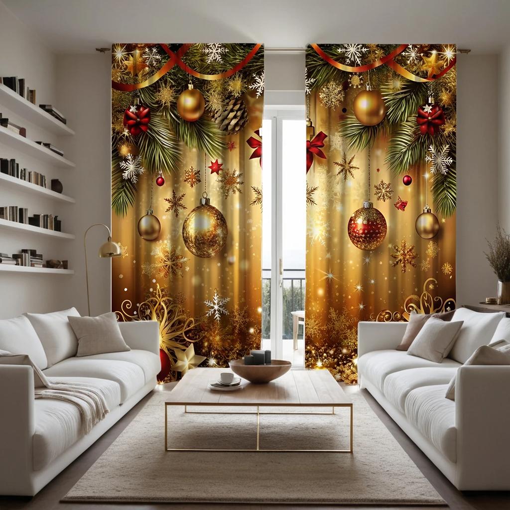 2pcs Luxurious Golden Christmas Ornament & Pine Pattern Curtains, Designed for Light Blocking, Premium Material, Suitable for C