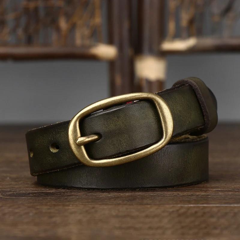 

2.3cm Retro Narrow Real Thick Genuine Leather Women Belt Copper Button Western Cowboy Style Jeans Belt Female Fashion Luxury 90cm зелёный