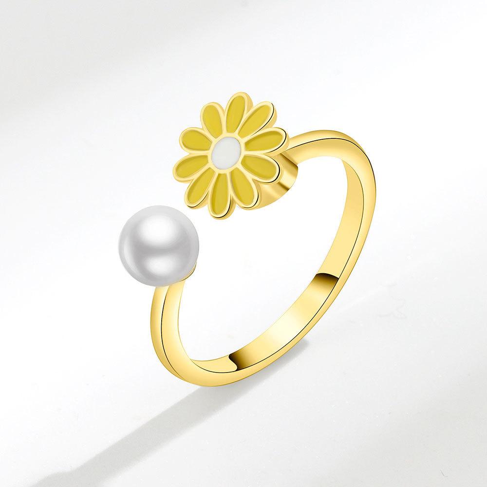 Small Daisy Adjustable Ring With Pearl Decor For Women Fashion Accessory